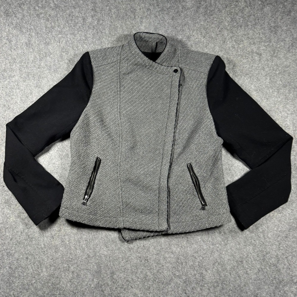 Banana Republic‎ Womens Grey Tweed Black Sleeve Moto Jacket Large Petite L Wool